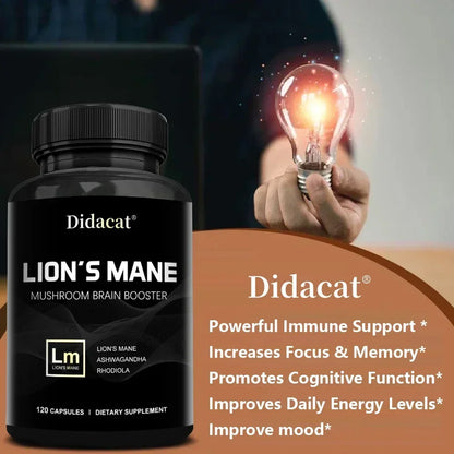 Lion's Mane Mushroom Brain Supplement - Lion's Mane, Ashwagandha, Rhodiola Rosea - Stress & Mood, Brain, Memory & Focus Immunity