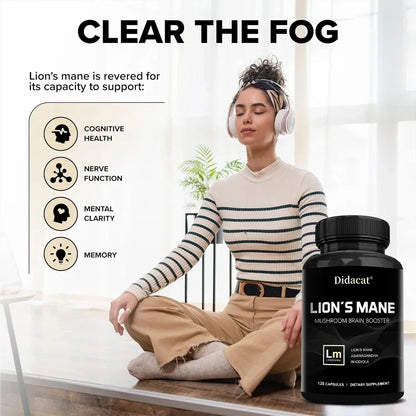 Lion's Mane Mushroom Brain Supplement - Lion's Mane, Ashwagandha, Rhodiola Rosea - Stress & Mood, Brain, Memory & Focus Immunity