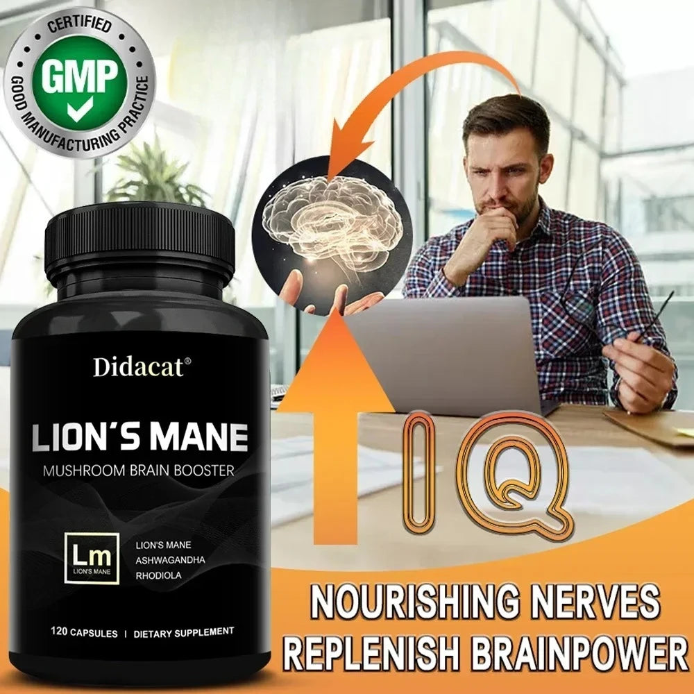 Lion's Mane Mushroom Brain Supplement - Lion's Mane, Ashwagandha, Rhodiola Rosea - Stress & Mood, Brain, Memory & Focus Immunity