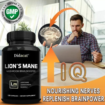 Lion's Mane Mushroom Brain Supplement - Lion's Mane, Ashwagandha, Rhodiola Rosea - Stress & Mood, Brain, Memory & Focus Immunity