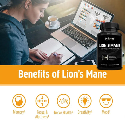 Lion's Mane Mushroom Brain Supplement - Lion's Mane, Ashwagandha, Rhodiola Rosea - Stress & Mood, Brain, Memory & Focus Immunity