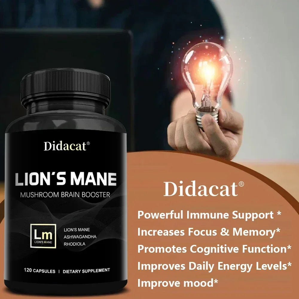 Lion's Mane Mushroom Brain Supplement - Lion's Mane, Ashwagandha, Rhodiola Rosea - Stress & Mood, Brain, Memory & Focus Immunity