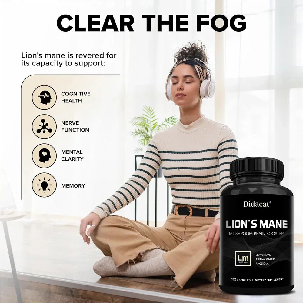 Lion's Mane Mushroom Brain Supplement - Lion's Mane, Ashwagandha, Rhodiola Rosea - Stress & Mood, Brain, Memory & Focus Immunity